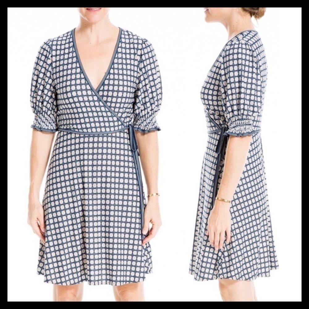 MAX Studio Smocked Sleeve Wrap Dress Color: Navy Blue Deco Poppy